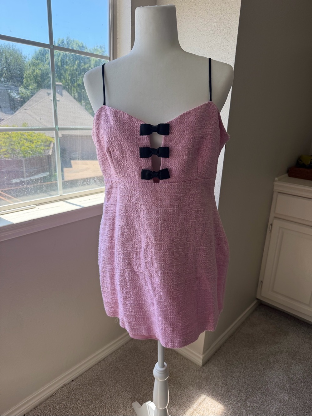 LoveShackFancy Pink Mini Dress with Black Bow Accents